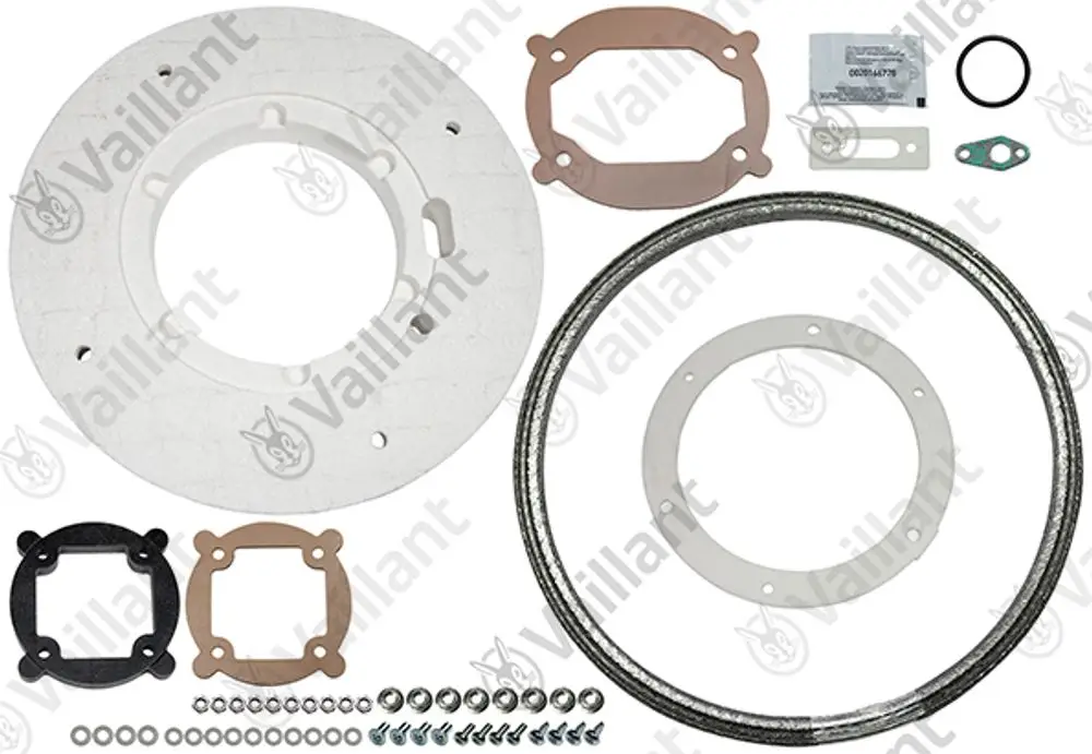 Vaillant Dichtungssatz mit verschiedenen Dichtungen, Ringen und Schrauben, angeordnet auf hellem Hintergrund.